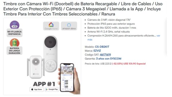 Timbre con Cámara Wi-Fi (Doorbell) de Batería Recargable / Libre de Cables / Uso Exterior Con Protección (IP65) / Cámara 3 Megapíxel / Llamada a la App / Incluye Timbre Para Interior Con Timbres Seleccionables / Ranura - Image 2