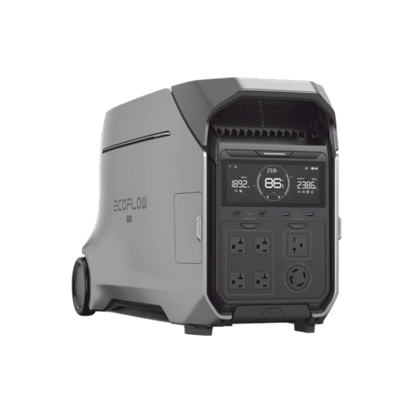 Estación de Energía Portátil DELTA PRO3 / 4096Wh Litio LFP / 5 AC 4000W (8000W Pico) / 2 USB-C 100W / Capacidad para Aumentar Respaldo / Cargador de Coche 10A a 12.6V / Conectividad WiFi y Bluetooth (App) / Carga Solar 2600W Max. (2 P